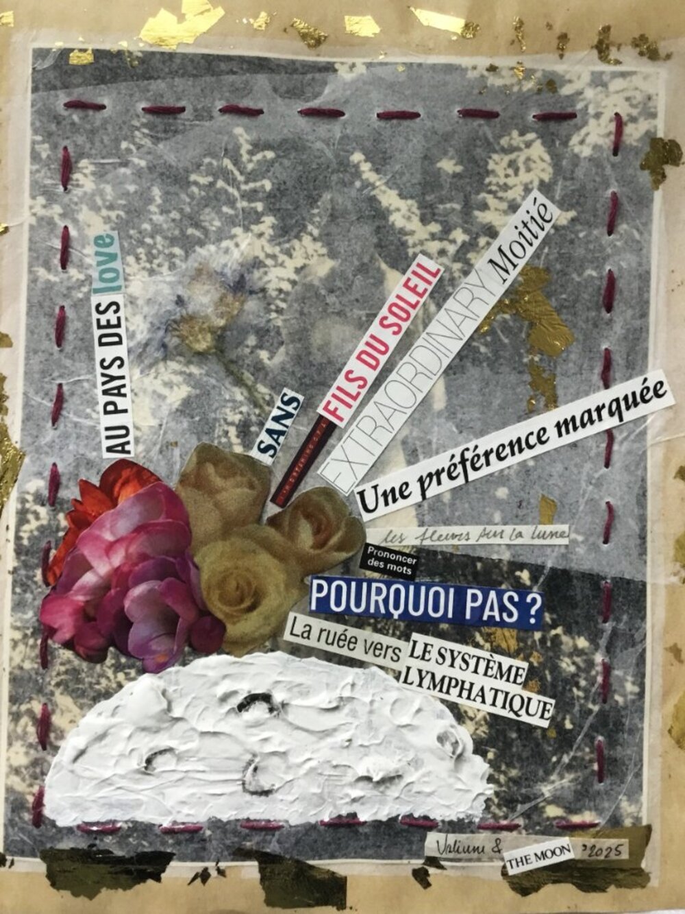Collage on reproduction mounted on silk and butcher's papers 8 X 9 inches